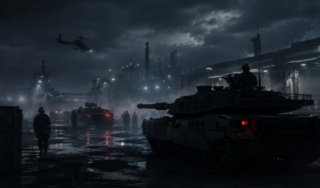 Dunkles Artikelbild zur deutschen Rüstungsindustrie mit Panzer, Militärfahrzeugen und Industrieanlage