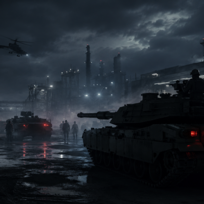 Dunkles Artikelbild zur deutschen Rüstungsindustrie mit Panzer, Militärfahrzeugen und Industrieanlage