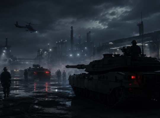Dunkles Artikelbild zur deutschen Rüstungsindustrie mit Panzer, Militärfahrzeugen und Industrieanlage