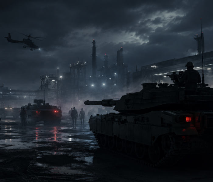 Dunkles Artikelbild zur deutschen Rüstungsindustrie mit Panzer, Militärfahrzeugen und Industrieanlage