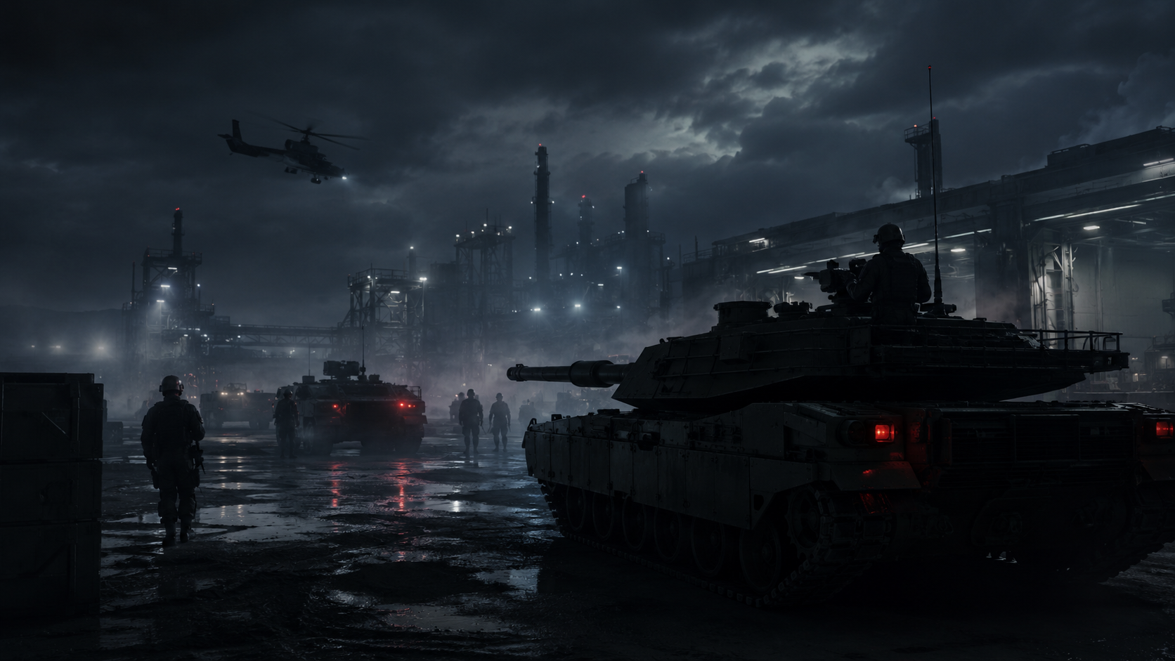 Dunkles Artikelbild zur deutschen Rüstungsindustrie mit Panzer, Militärfahrzeugen und Industrieanlage