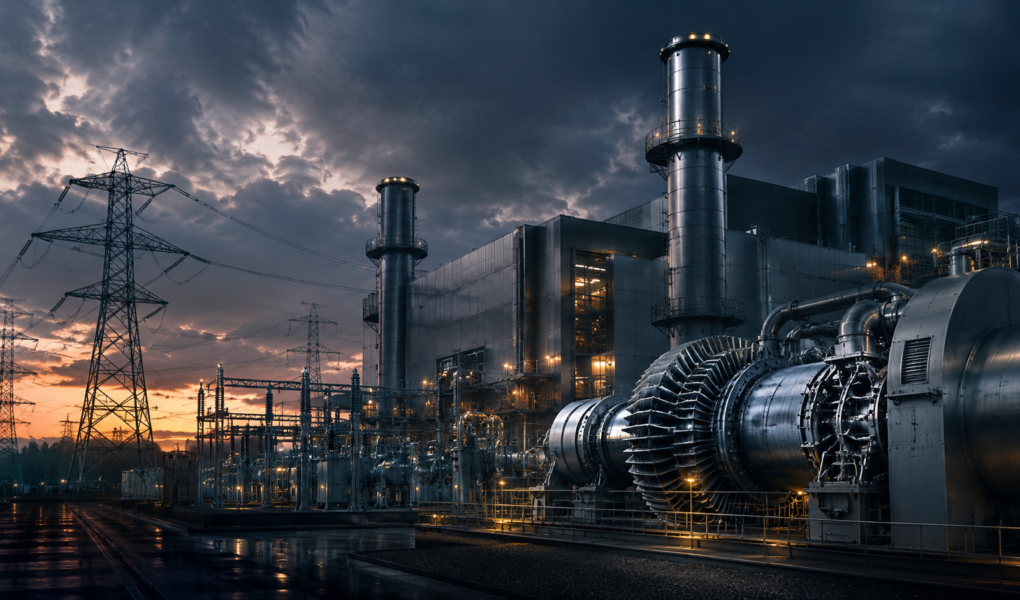 Dunkles Industriebild mit Gasturbinen, Kraftwerksanlage und Strommasten als Symbol für Siemens Energy, Energieinfrastruktur und Stromnetze.