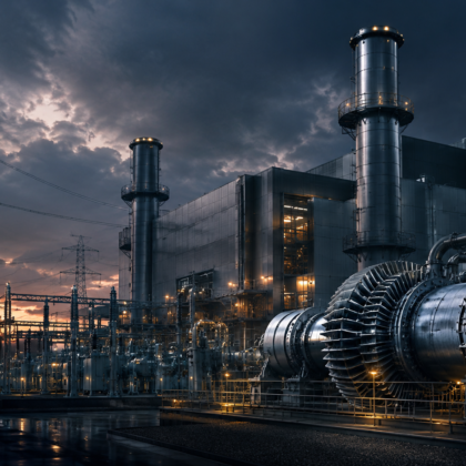Dunkles Industriebild mit Gasturbinen, Kraftwerksanlage und Strommasten als Symbol für Siemens Energy, Energieinfrastruktur und Stromnetze.