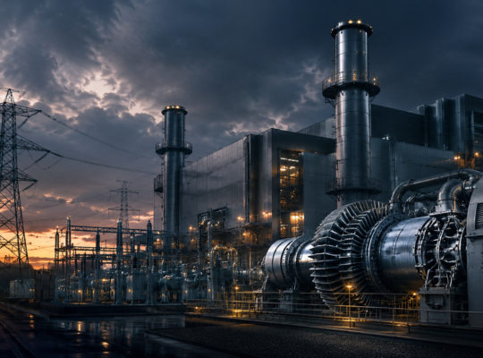 Dunkles Industriebild mit Gasturbinen, Kraftwerksanlage und Strommasten als Symbol für Siemens Energy, Energieinfrastruktur und Stromnetze.