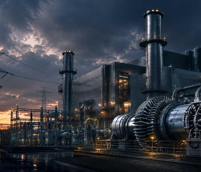Dunkles Industriebild mit Gasturbinen, Kraftwerksanlage und Strommasten als Symbol für Siemens Energy, Energieinfrastruktur und Stromnetze.