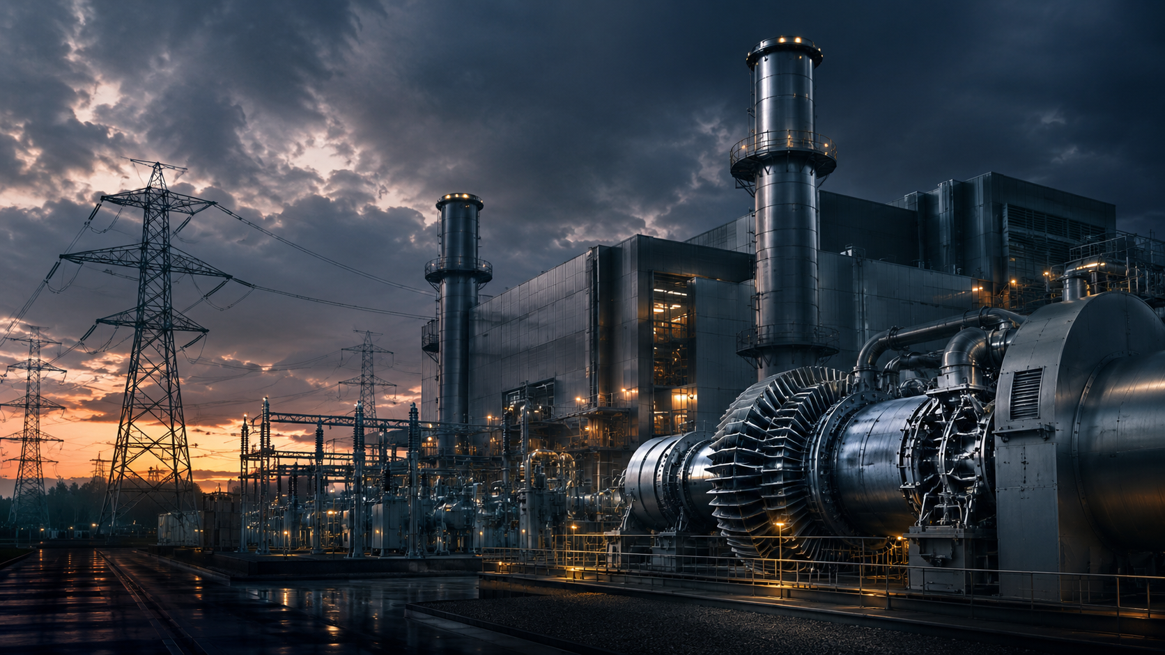 Dunkles Industriebild mit Gasturbinen, Kraftwerksanlage und Strommasten als Symbol für Siemens Energy, Energieinfrastruktur und Stromnetze.