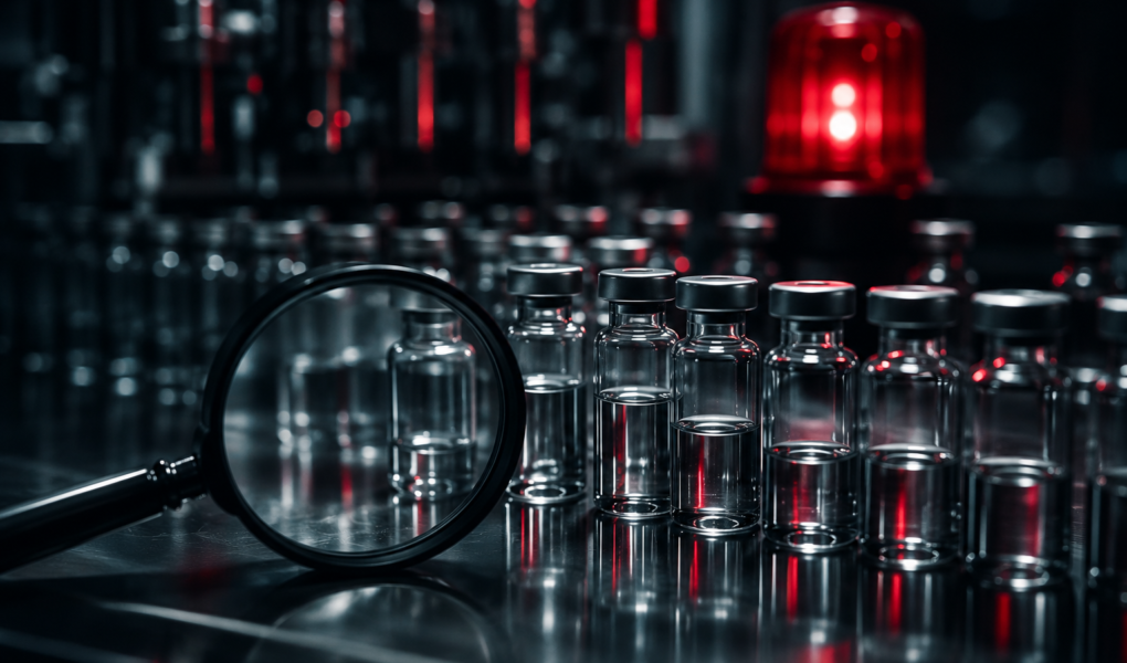 Dunkles Laborbild mit Glasfläschchen, Lupe und rotem Warnlicht als Symbol für Gerresheimer, Pharma-Verpackungen, Bilanzprüfung und Vertrauensverlust.