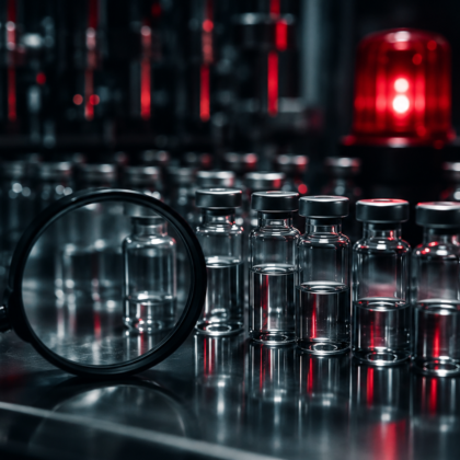 Dunkles Laborbild mit Glasfläschchen, Lupe und rotem Warnlicht als Symbol für Gerresheimer, Pharma-Verpackungen, Bilanzprüfung und Vertrauensverlust.