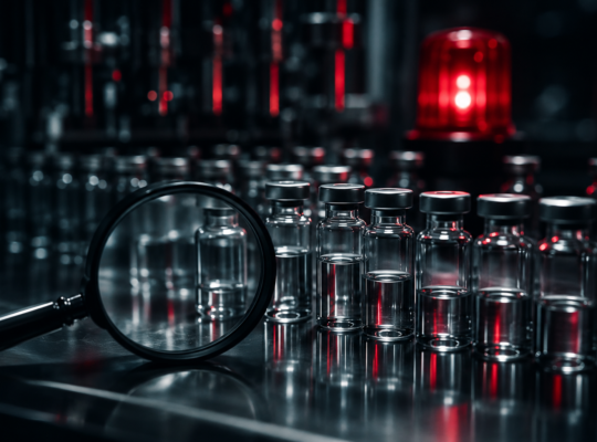 Dunkles Laborbild mit Glasfläschchen, Lupe und rotem Warnlicht als Symbol für Gerresheimer, Pharma-Verpackungen, Bilanzprüfung und Vertrauensverlust.