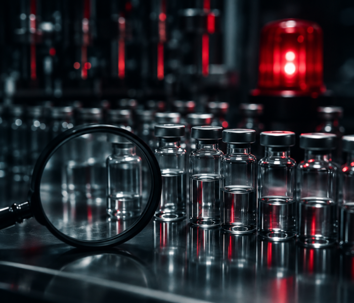 Dunkles Laborbild mit Glasfläschchen, Lupe und rotem Warnlicht als Symbol für Gerresheimer, Pharma-Verpackungen, Bilanzprüfung und Vertrauensverlust.