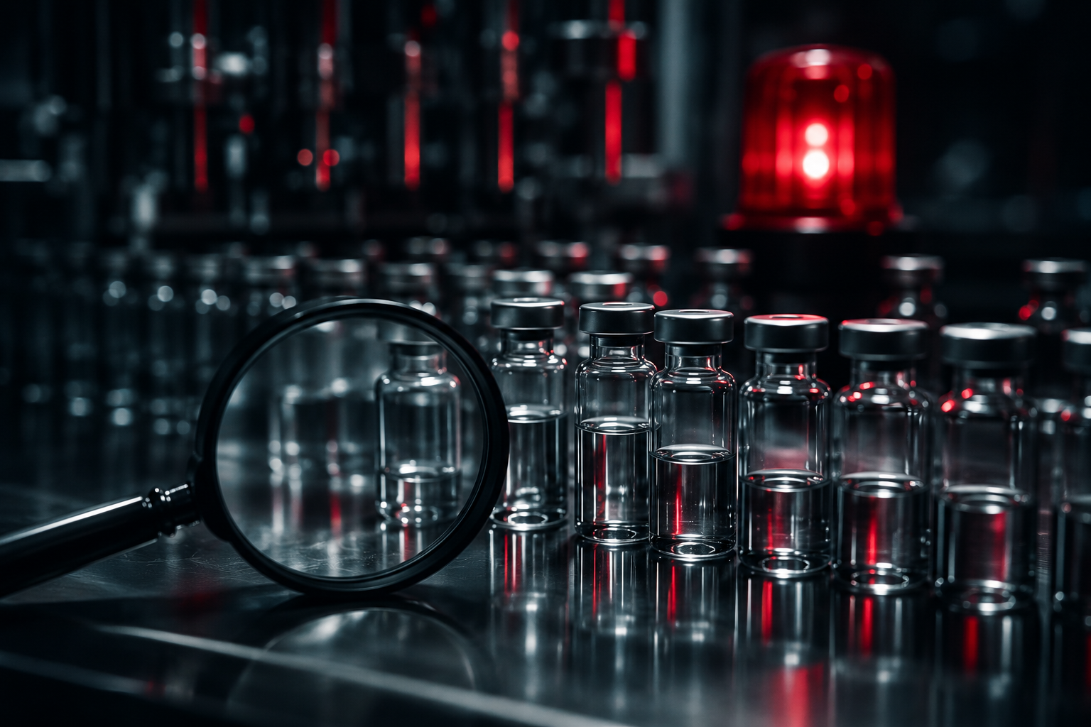 Dunkles Laborbild mit Glasfläschchen, Lupe und rotem Warnlicht als Symbol für Gerresheimer, Pharma-Verpackungen, Bilanzprüfung und Vertrauensverlust.