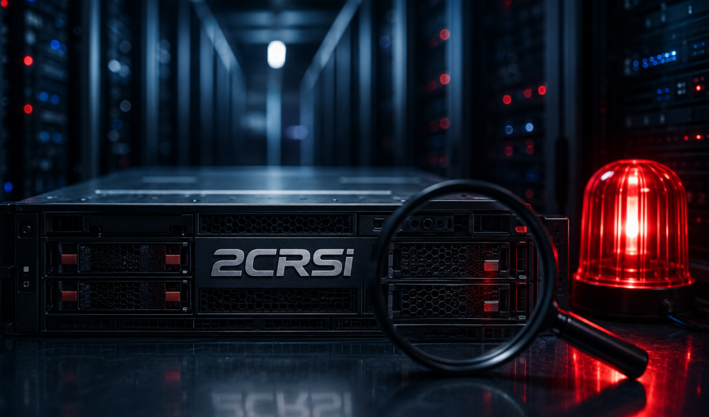 Dunkles Rechenzentrum mit Server, Lupe und rotem Warnlicht als Symbol für 2CRSi, KI-Infrastruktur, Shortseller-Vorwürfe und Vertrauensverlust am Aktienmarkt.