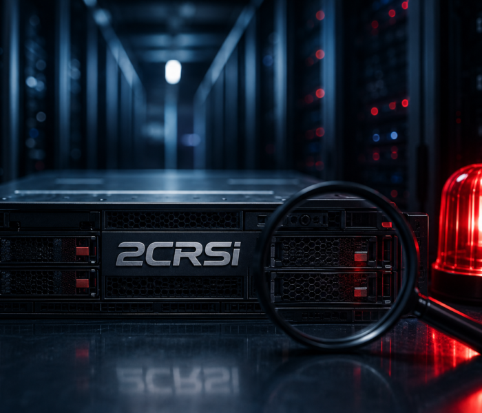 Dunkles Rechenzentrum mit Server, Lupe und rotem Warnlicht als Symbol für 2CRSi, KI-Infrastruktur, Shortseller-Vorwürfe und Vertrauensverlust am Aktienmarkt.