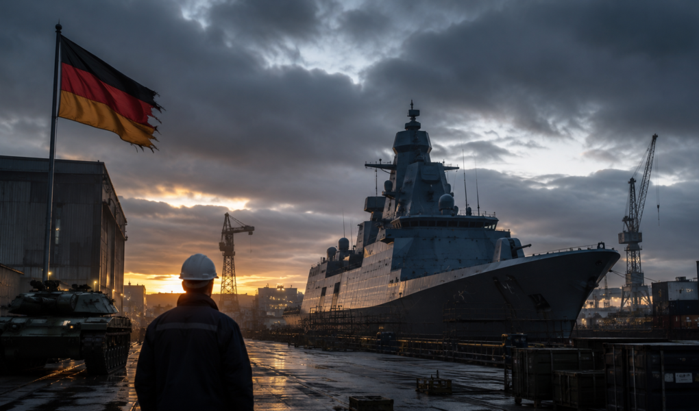 Dunkler Industriehafen mit Kriegsschiff, deutscher Flagge und Werftkränen als Symbol für Rheinmetall, F126-Fregatten, Verteidigungsindustrie und Beschaffungsrisiken.