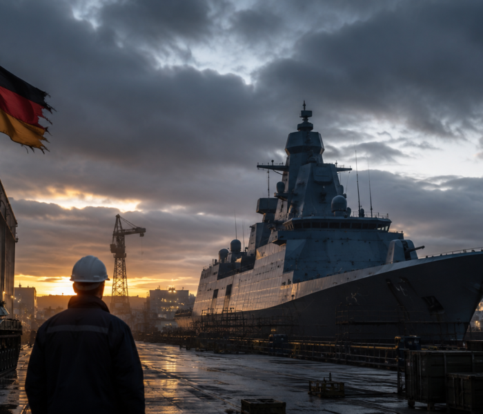 Dunkler Industriehafen mit Kriegsschiff, deutscher Flagge und Werftkränen als Symbol für Rheinmetall, F126-Fregatten, Verteidigungsindustrie und Beschaffungsrisiken.