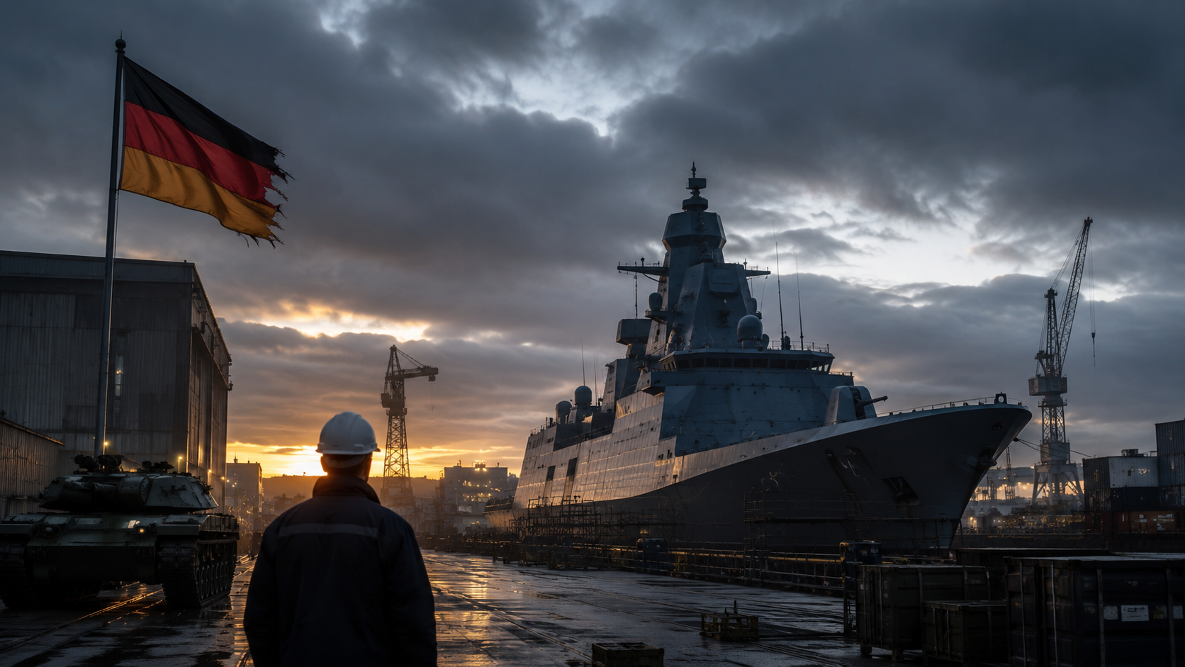 Dunkler Industriehafen mit Kriegsschiff, deutscher Flagge und Werftkränen als Symbol für Rheinmetall, F126-Fregatten, Verteidigungsindustrie und Beschaffungsrisiken.