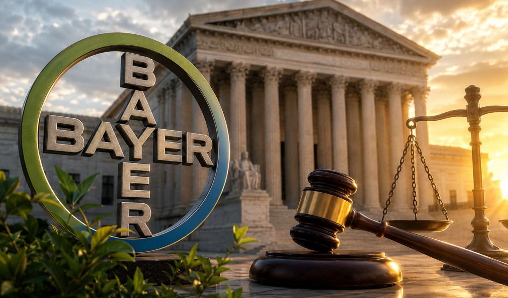 Symbolisches Bild zur Bayer-Aktie nach einem wichtigen Supreme-Court-Urteil mit Gericht, Richterhammer und Waage als Hinweis auf die Roundup-Rechtsrisiken.