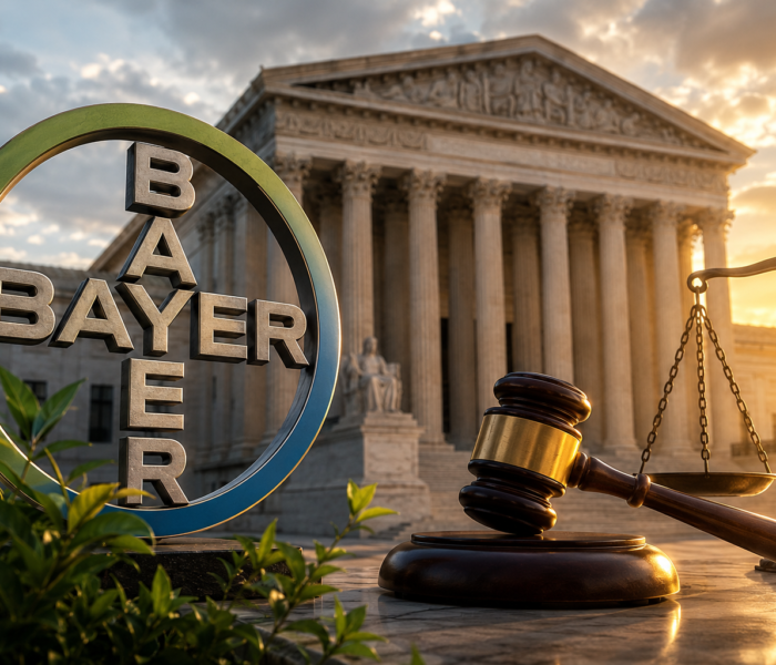 Symbolisches Bild zur Bayer-Aktie nach einem wichtigen Supreme-Court-Urteil mit Gericht, Richterhammer und Waage als Hinweis auf die Roundup-Rechtsrisiken.