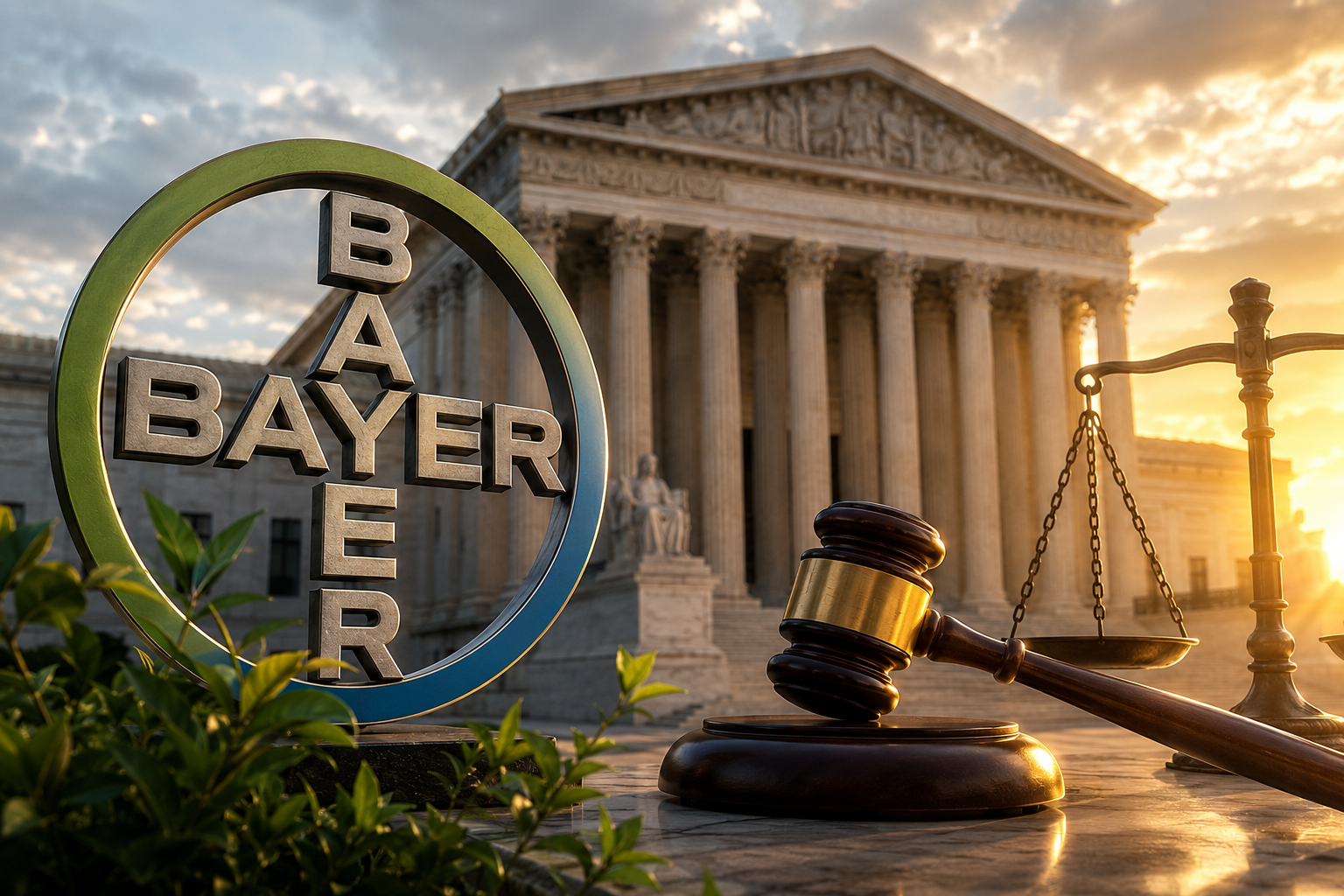 Symbolisches Bild zur Bayer-Aktie nach einem wichtigen Supreme-Court-Urteil mit Gericht, Richterhammer und Waage als Hinweis auf die Roundup-Rechtsrisiken.