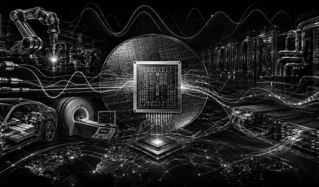 Black-and-white technical illustration linking industrial sensors, an analog semiconductor wafer, electric vehicles and AI data-center power systems.