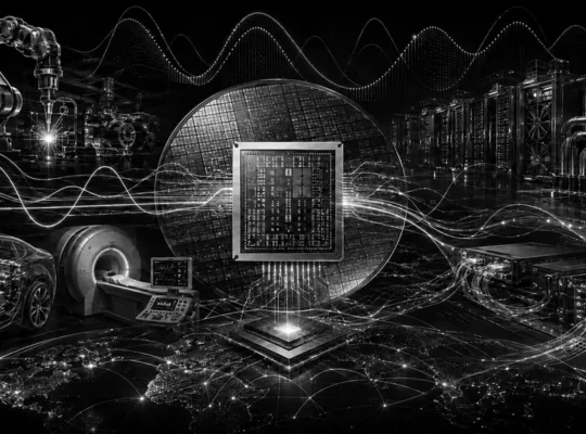 Black-and-white technical illustration linking industrial sensors, an analog semiconductor wafer, electric vehicles and AI data-center power systems.