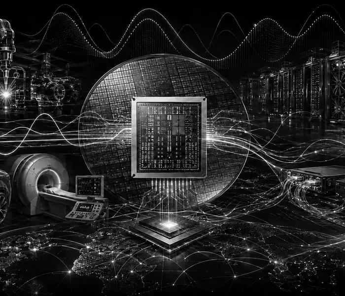 Black-and-white technical illustration linking industrial sensors, an analog semiconductor wafer, electric vehicles and AI data-center power systems.