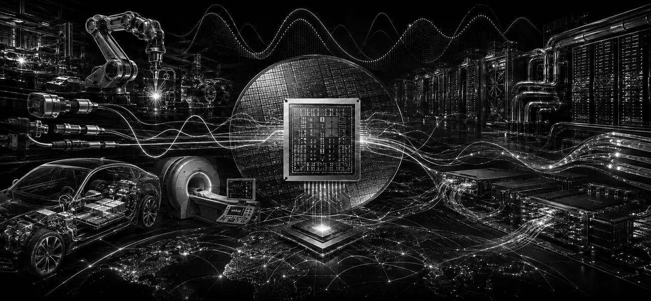 Black-and-white technical illustration linking industrial sensors, an analog semiconductor wafer, electric vehicles and AI data-center power systems.