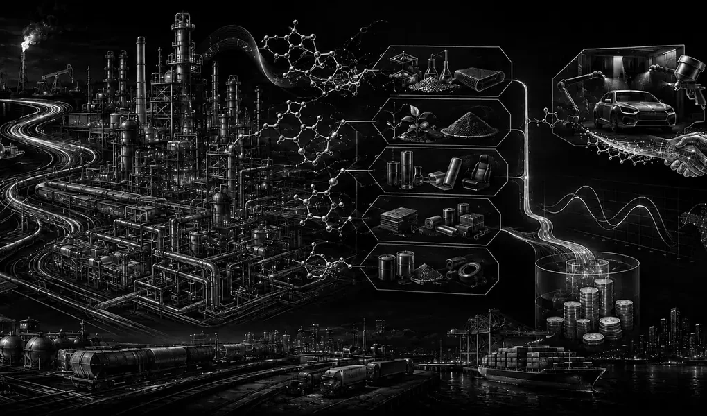 Schwarz-weiße technische Illustration eines integrierten Chemie-Verbunds mit Rohstoffen, Energie, Produktpfaden, Portfolioverschiebung und Cashflow.