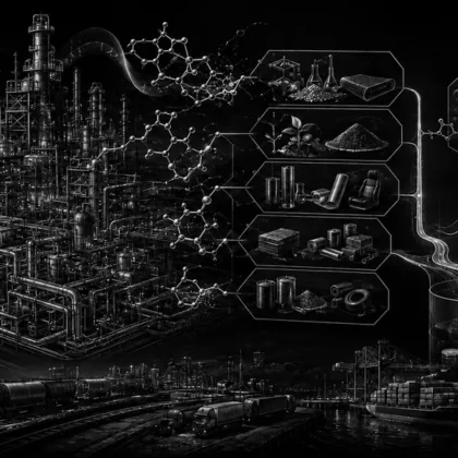 Schwarz-weiße technische Illustration eines integrierten Chemie-Verbunds mit Rohstoffen, Energie, Produktpfaden, Portfolioverschiebung und Cashflow.