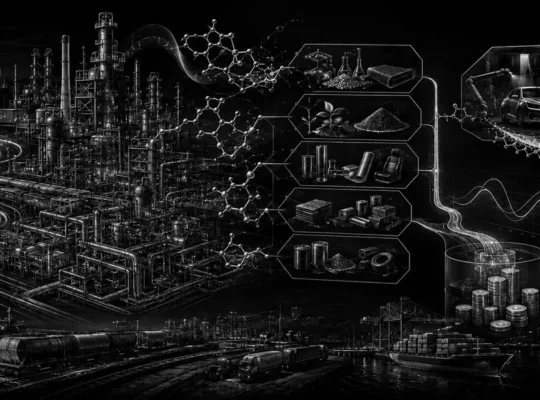 Schwarz-weiße technische Illustration eines integrierten Chemie-Verbunds mit Rohstoffen, Energie, Produktpfaden, Portfolioverschiebung und Cashflow.