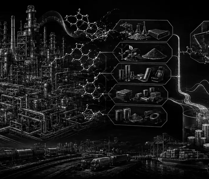 Schwarz-weiße technische Illustration eines integrierten Chemie-Verbunds mit Rohstoffen, Energie, Produktpfaden, Portfolioverschiebung und Cashflow.