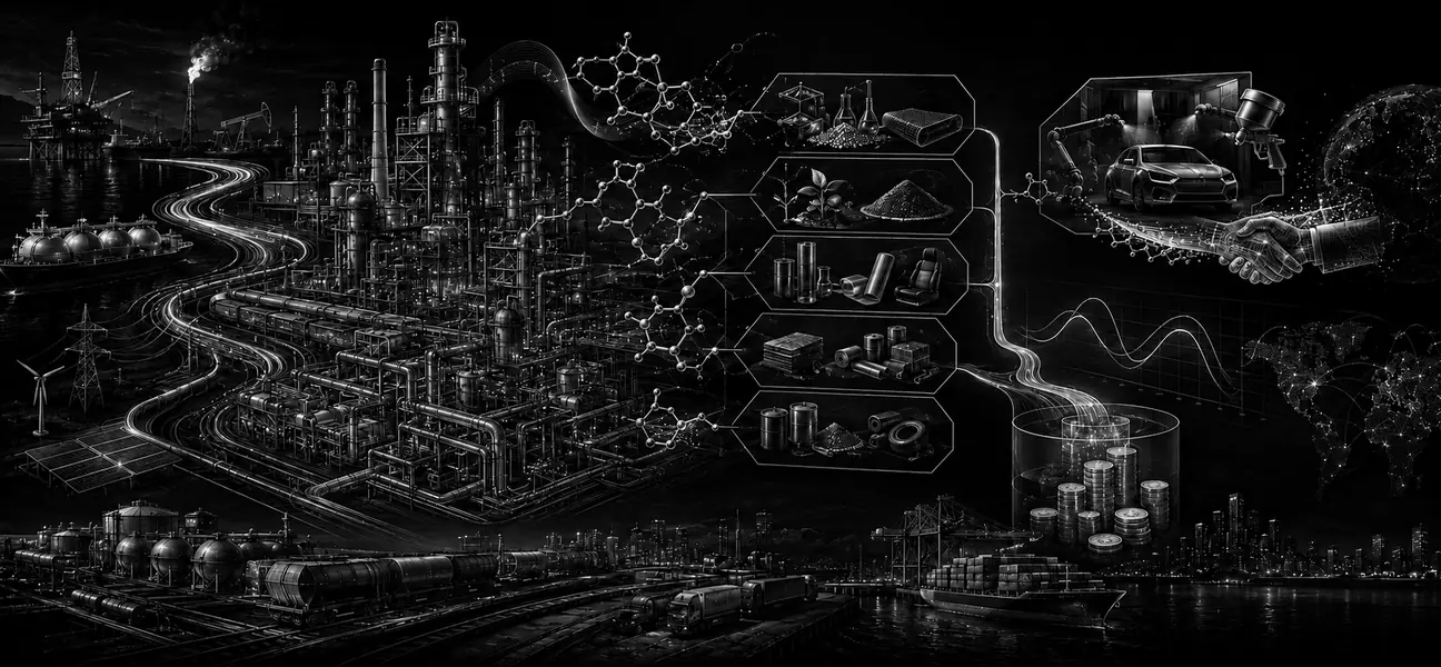 Schwarz-weiße technische Illustration eines integrierten Chemie-Verbunds mit Rohstoffen, Energie, Produktpfaden, Portfolioverschiebung und Cashflow.
