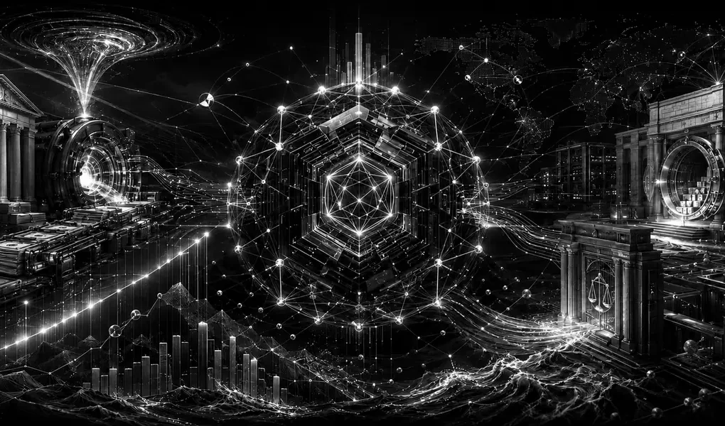 Black-and-white editorial illustration of a decentralized digital asset network between Treasury liquidity, rising bond yields, institutional custody and regulation.