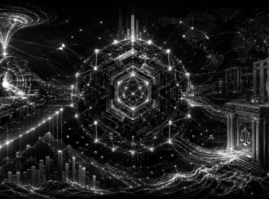Black-and-white editorial illustration of a decentralized digital asset network between Treasury liquidity, rising bond yields, institutional custody and regulation.