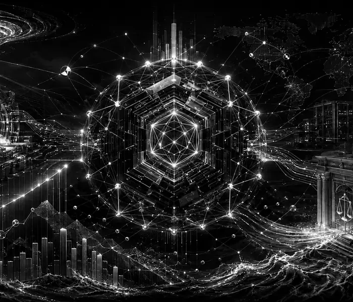 Black-and-white editorial illustration of a decentralized digital asset network between Treasury liquidity, rising bond yields, institutional custody and regulation.