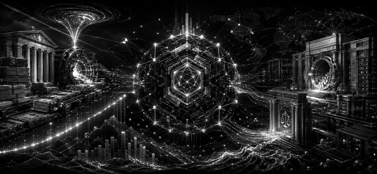 Black-and-white editorial illustration of a decentralized digital asset network between Treasury liquidity, rising bond yields, institutional custody and regulation.