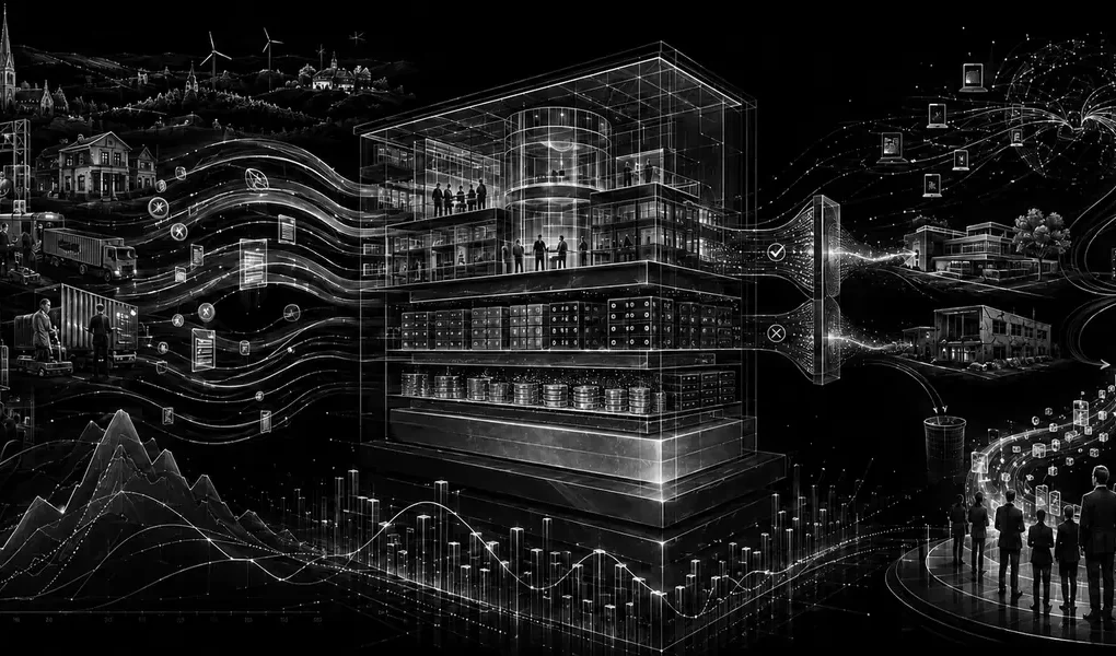 Schwarz-weiße technische Illustration des deutschen Mittelstands, einer Bankbilanz, des Kreditfilters, digitaler Zahlungsströme und Kapitalrückgaben.