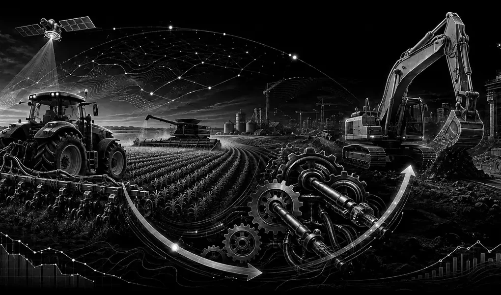 Black-and-white technical illustration connecting precision farming machinery, an agricultural trough and strong construction equipment demand.