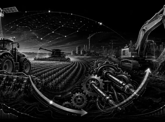 Black-and-white technical illustration connecting precision farming machinery, an agricultural trough and strong construction equipment demand.