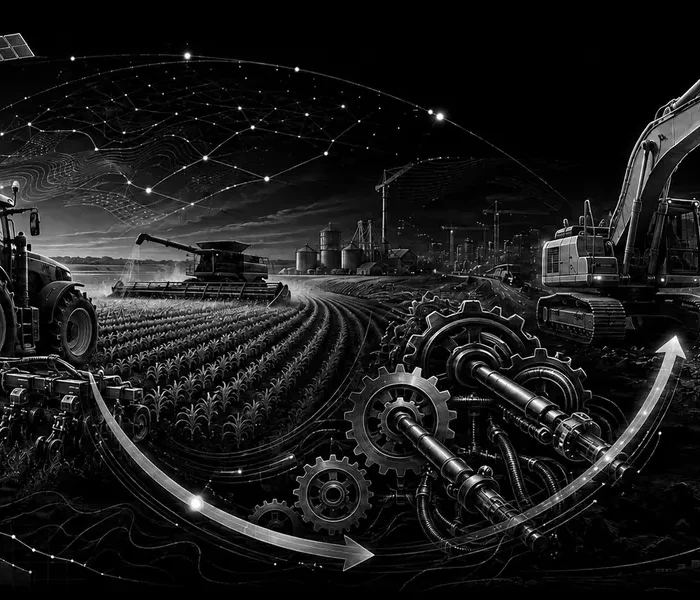 Black-and-white technical illustration connecting precision farming machinery, an agricultural trough and strong construction equipment demand.