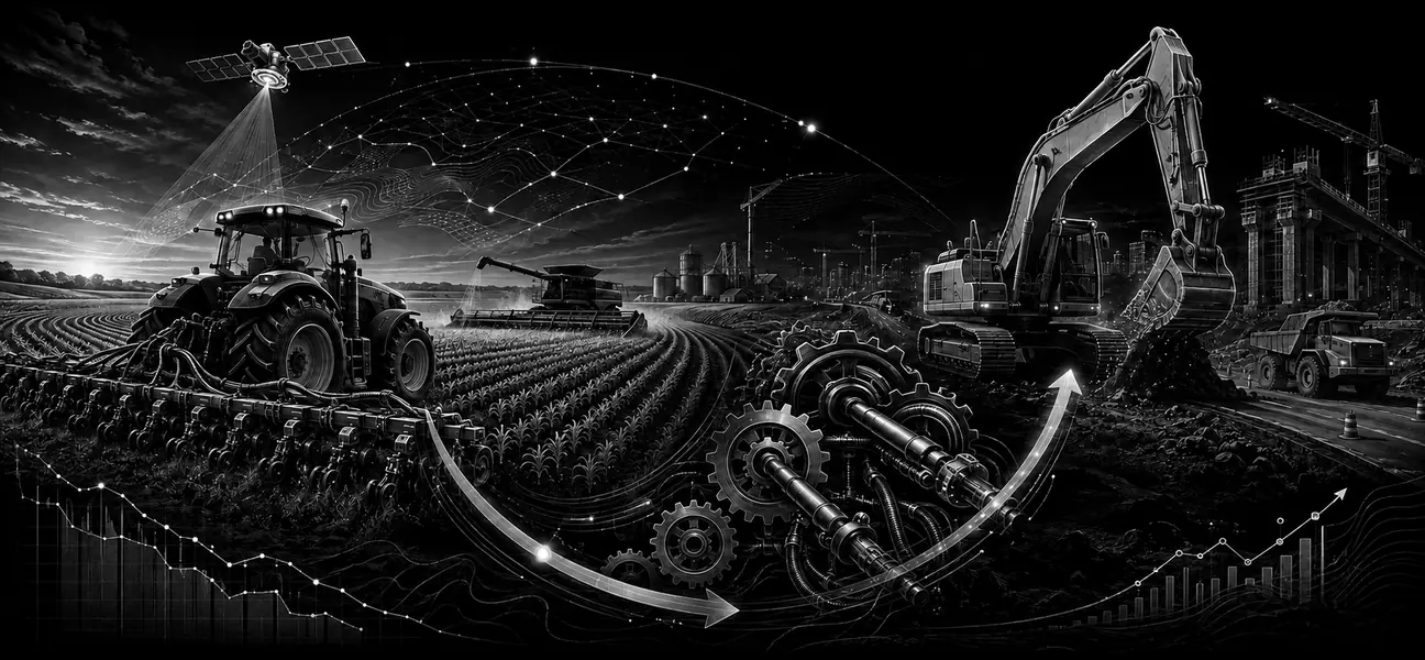 Black-and-white technical illustration connecting precision farming machinery, an agricultural trough and strong construction equipment demand.