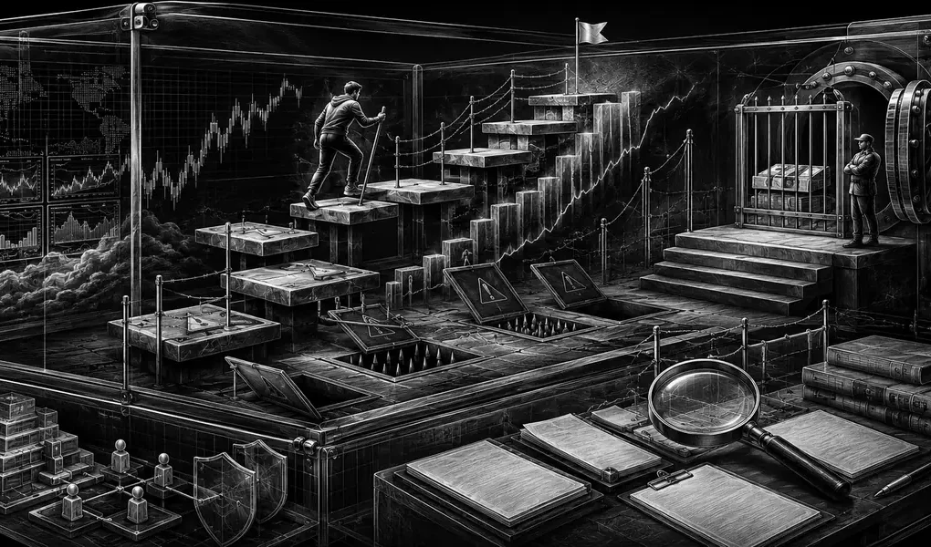 Black-and-white editorial illustration of a funded trading challenge, drawdown barriers and payouts