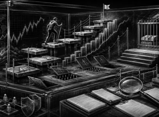 Black-and-white editorial illustration of a funded trading challenge, drawdown barriers and payouts
