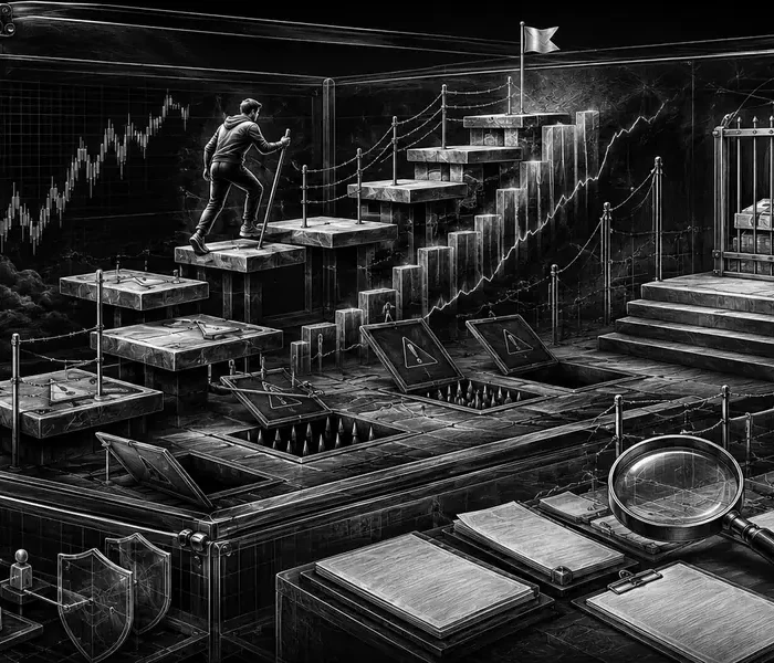 Black-and-white editorial illustration of a funded trading challenge, drawdown barriers and payouts