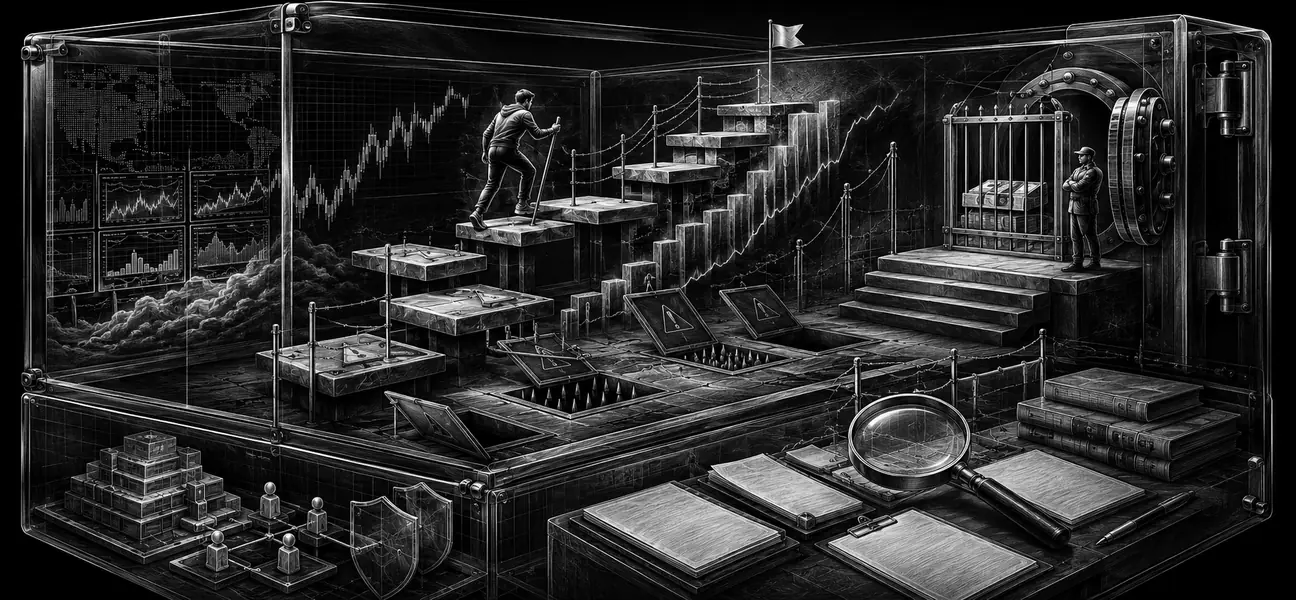 Black-and-white editorial illustration of a funded trading challenge, drawdown barriers and payouts