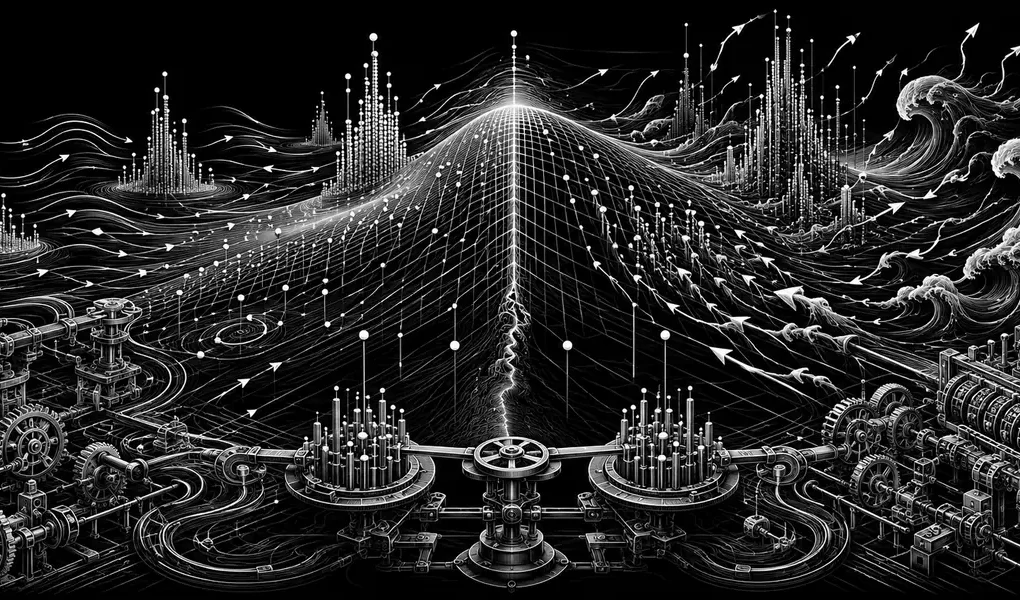 Black-and-white editorial illustration of dealer gamma hedging and option strike concentrations
