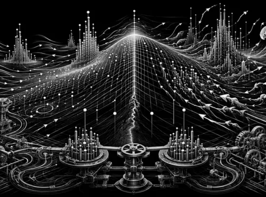 Black-and-white editorial illustration of dealer gamma hedging and option strike concentrations