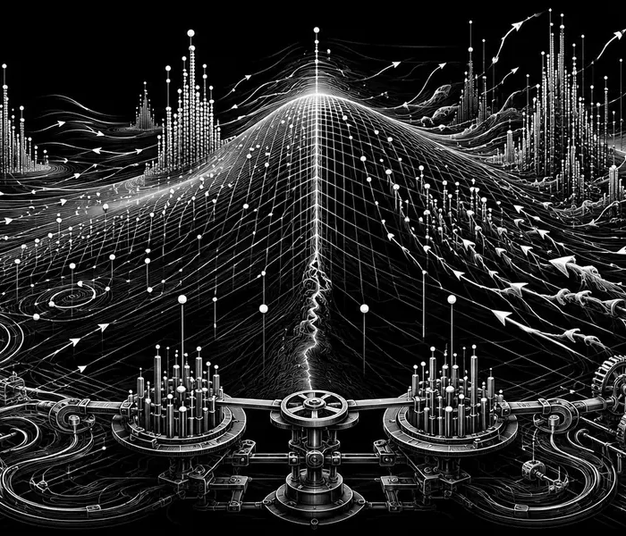 Black-and-white editorial illustration of dealer gamma hedging and option strike concentrations