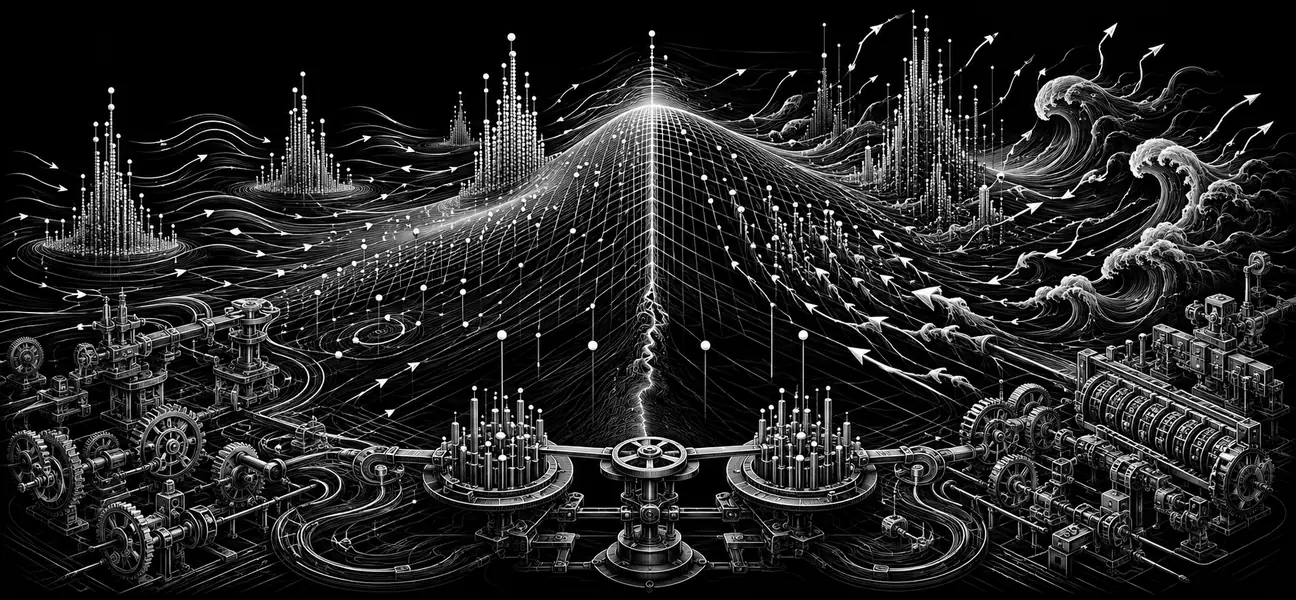Black-and-white editorial illustration of dealer gamma hedging and option strike concentrations
