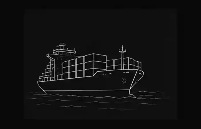Dunkle einfache Strichzeichnung eines Containerschiffs auf dem Meer für die Hapag-Lloyd-Analyse
